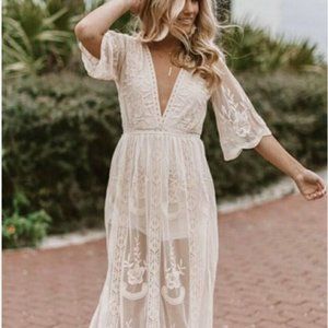 HONEY PUNCH Winter White Embroidered Lace Wedding Maxi Romper Dress | Size S